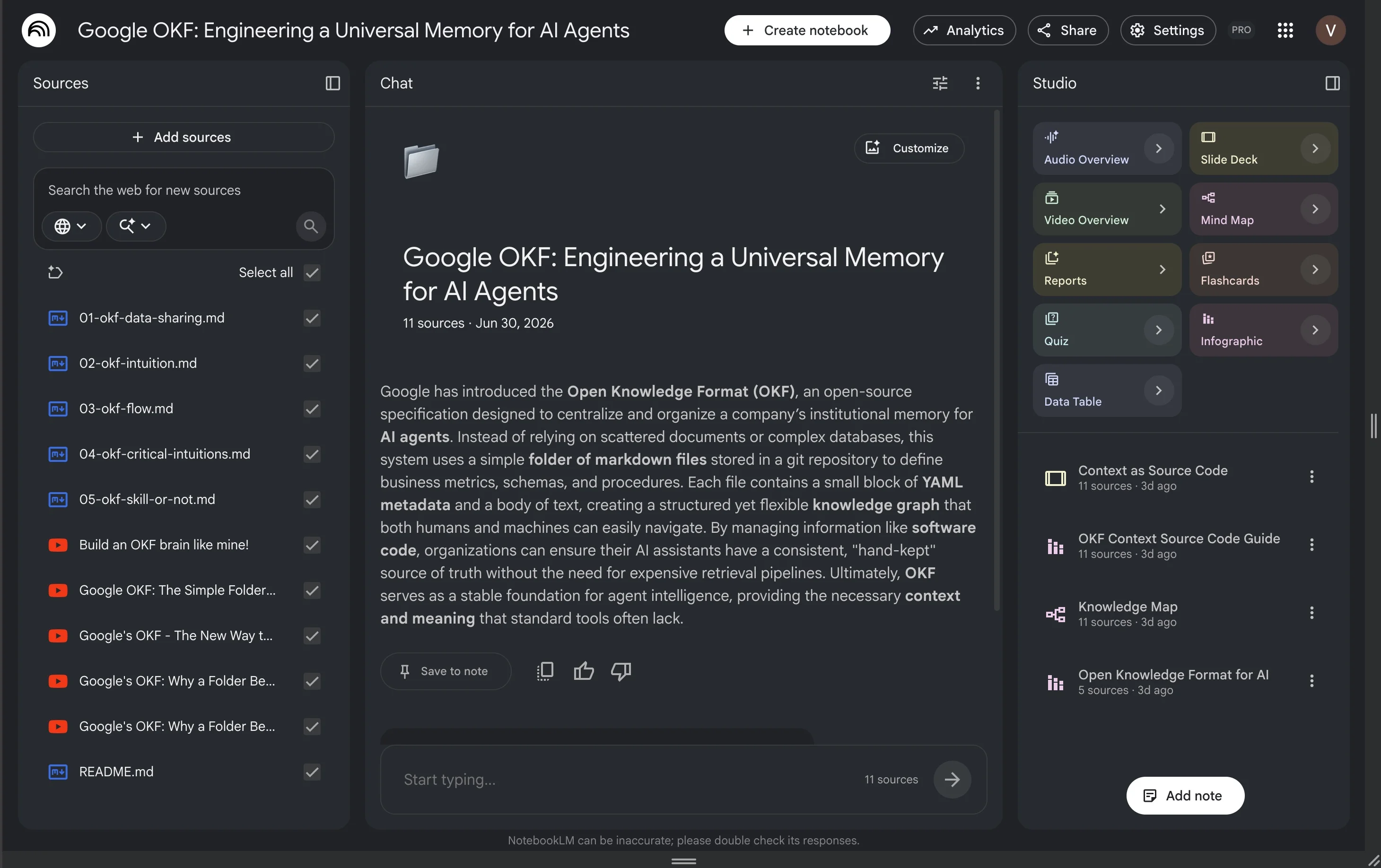 NotebookLM interface with three panels: Sources on the left listing 11 loaded files including markdown documents and YouTube videos, Chat in the center showing a query response about an engineering topic, and Studio on the right with output options including Mind Map, Infographic, Knowledge Map, and Audio Overview
