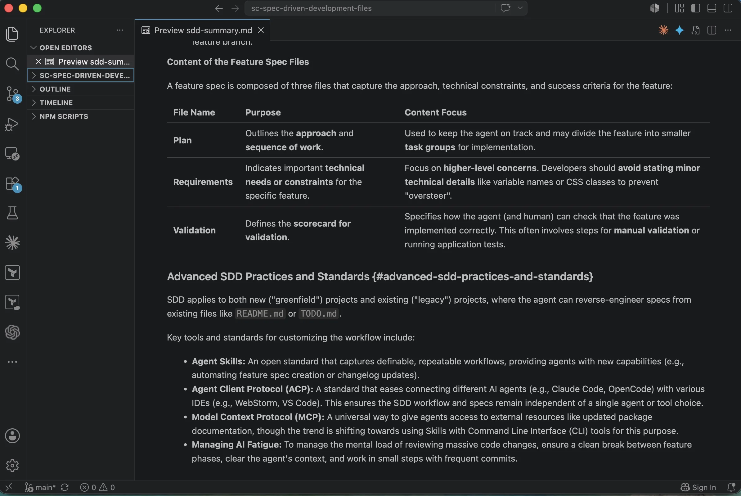 VS Code preview of an SDD spec summary showing a table with the three feature spec files: Plan outlines approach and sequence of work, Requirements captures technical constraints the agent must respect, Validation defines the scorecard for checking the feature was implemented correctly
